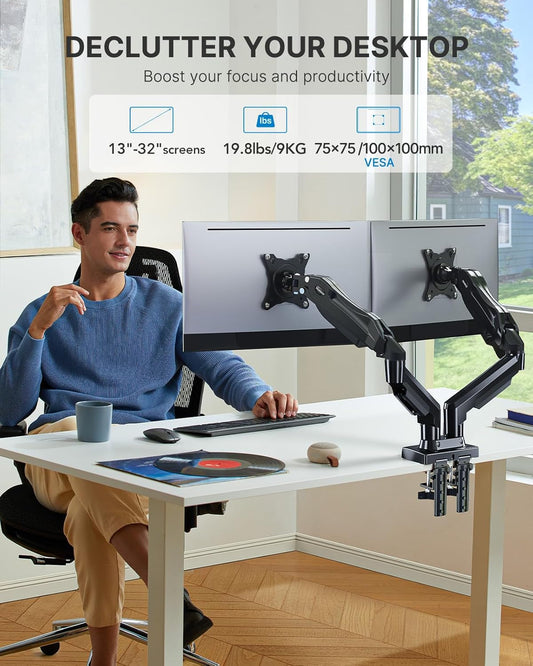Dual Monitor Desk Mount — VESA, Fits 13–32in Displays
